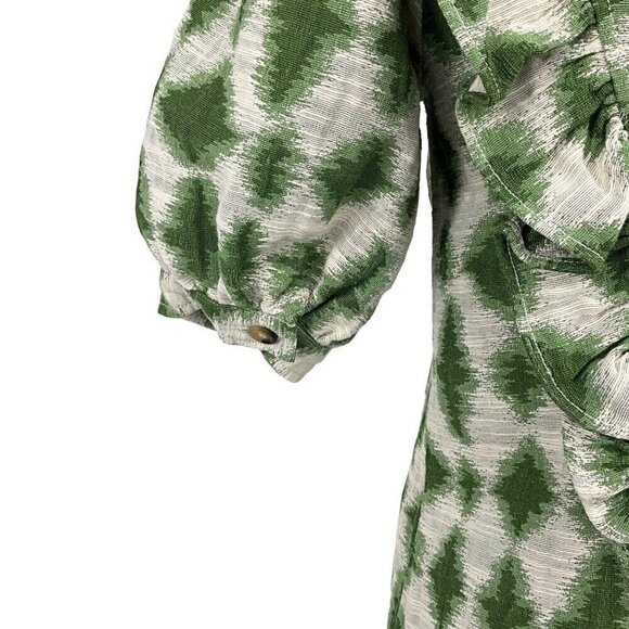 Sezane Ezecquiel Blouse Green Ikat Size EU 34 Ruffles 1/2 Sleeve Buttons Womens - Picture 3 of 11